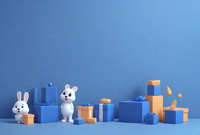The primary subject of the image is a white and black bunny rabbit standing in front of a blue wall. The setting appears to be a room with a variety of blue boxes and a toy car. The visual style of the image is a combination of photo and digital art, creating a unique and interesting scene. The dominant colors in the image are blue and white, giving the scene a calm and soothing atmosphere.