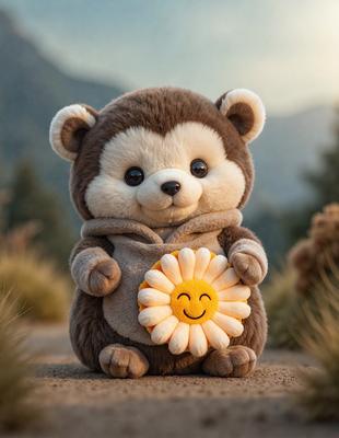 The primary subject of the image is a stuffed animal, specifically a teddy bear, which is holding a yellow sunflower. The setting is a field, and the visual style appears to be a photo. The colors are predominantly yellow and brown, creating a warm and cheerful atmosphere.