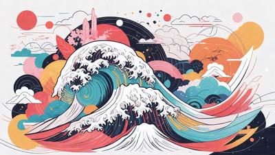 The primary subject of the image is a large wave, which is the main focus of the scene. The wave is depicted in a colorful and artistic manner, with a combination of blue, red, and white colors. The setting is a cloudy sky, which serves as the backdrop for the wave. The visual style of the image is a mix of digital art and illustration, creating a dynamic and vibrant atmosphere. The overall mood of the image is energetic and captivating, with the wave as the