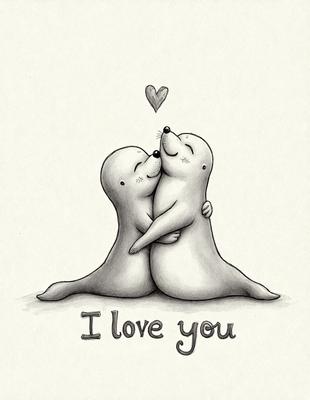 The image features two cute baby seals hugging each other, with hearts above them. The scene is set on a white background, giving it a clean and simple appearance. The visual style is a combination of digital art and illustration, creating a heartwarming and adorable scene. The colors are predominantly white, with the hearts adding a pop of color, and the overall atmosphere is warm and affectionate.