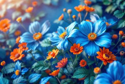 The primary subject of the image is a bouquet of flowers, predominantly orange and blue, with some yellow flowers as well. The flowers are arranged in a vase, which is placed against a blue background. The visual style of the image is a combination of photo and digital art, creating a vibrant and colorful scene. The dominant colors in the image are orange, blue, and yellow, giving the flowers a lively and cheerful appearance.