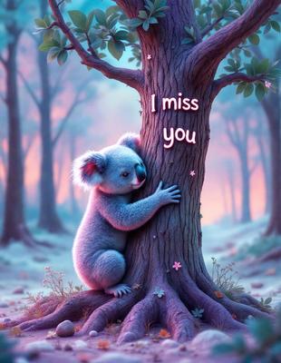 The primary subject of the image is a cute, colorful koala bear. The koala is sitting on a tree branch, hugging the tree trunk. The setting is a forest, with trees surrounding the koala. The visual style is a digital art illustration, giving the image a whimsical and playful appearance. The dominant colors are shades of pink, purple, and green, creating a warm and inviting atmosphere.