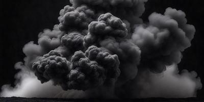 The primary subject of the image is a large, dark cloud with smoke billowing out of it. The setting is a dark sky, and the visual style appears to be a photo. The cloud and smoke create a dramatic and ominous atmosphere.