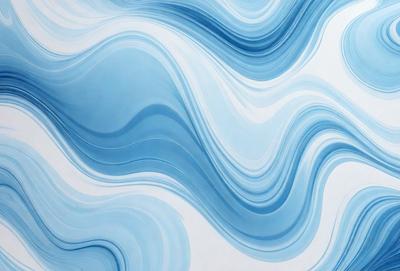 The primary subject of the image is a blue and white wave pattern, which is the main focus of the image. The setting is a white wall, and the visual style is a digital art or illustration. The dominant colors in the image are blue and white, creating a calm and soothing atmosphere.