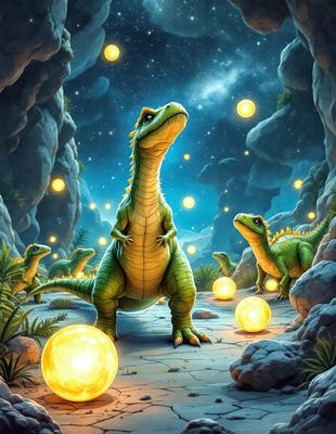 Primary subject: Dinosaur
Setting/background: A cave with a starry night sky
Visual style: Digital art
Colors and mood: The image is colorful and has a whimsical atmosphere.