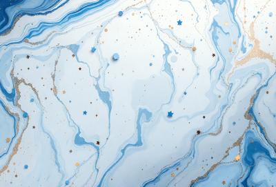 The primary subject of the image is a blue and white swirling pattern, which appears to be a painting or a digital artwork. The setting is a blue and white background, and the visual style is a combination of painting and digital art. The dominant colors are blue and white, creating a calm and serene atmosphere. The image also features gold stars scattered throughout the swirling pattern, adding an element of depth and interest to the overall composition.