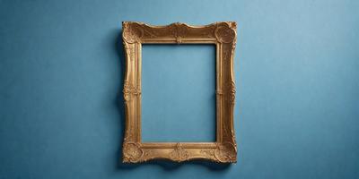 The primary subject of the image is a gold-framed picture, which is placed on a blue wall. The setting is indoors, and the visual style appears to be a photo. The colors in the image are predominantly blue and gold, creating a calm and elegant atmosphere.