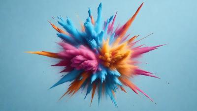 The primary subject of the image is a colorful, abstract explosion of paint, which appears to be a digital art or illustration. The setting is a blue background, which contrasts with the vibrant colors of the explosion. The visual style is artistic and creative, with the colors and mood evoking a sense of energy and dynamism.