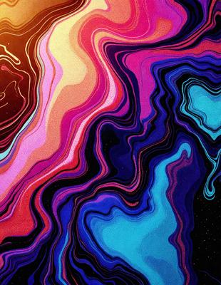 The primary subject of the image is a colorful, abstract design featuring a mix of pink, blue, and purple hues. The setting is a black background, which contrasts with the vibrant colors of the design. The visual style appears to be a combination of digital art and illustration, creating a unique and eye-catching pattern. The overall atmosphere of the image is lively and energetic, with the bold colors evoking a sense of excitement and creativity.