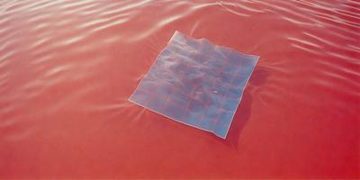 The primary subject of the image is a square piece of plastic, which is floating on a red surface. The setting appears to be a body of water, possibly a lake or a pool. The visual style of the image is a combination of photo and digital art, as the plastic piece is placed on a red background, which gives it a unique and artistic appearance. The colors in the image are predominantly red, which adds to the overall atmosphere and mood of the scene.