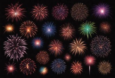 The primary subject of the image is a collection of fireworks, with various colors and shapes. The fireworks are set against a dark background, creating a dramatic and visually striking scene. The visual style of the image is a combination of photo and digital art, as it captures the vibrant colors and intricate patterns of the fireworks. The overall atmosphere of the image is festive and celebratory, with the fireworks representing a joyful and lively event.