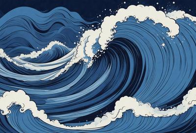 The primary subject of the image is a large wave in the ocean. The wave is blue and white, with a foamy texture. The setting is the ocean, and the visual style is a combination of digital art and illustration. The dominant colors are blue and white, creating a serene and powerful atmosphere.