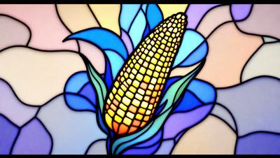 The primary subject of the image is a yellow corn on the cob, which is the main focus of the image. The setting is a stained glass window, with a blue background. The visual style is a combination of photo and digital art, creating a unique and artistic representation of the corn. The dominant colors are yellow and blue, giving the image a warm and vibrant atmosphere.