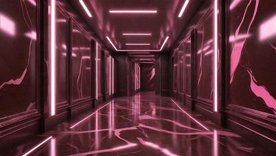 The primary subject of the image is a hallway with a pink color scheme. The setting is a large building, and the visual style appears to be a combination of photo and digital art. The colors and mood of the image are predominantly pink, creating a warm and inviting atmosphere.