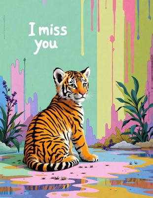 The primary subject of the image is a tiger sitting on a colorful surface. The setting is a colorful background with a mix of pink, yellow, and green colors. The visual style is a combination of a photo and a digital art illustration. The colors and mood of the image are vibrant and lively, creating a cheerful atmosphere.