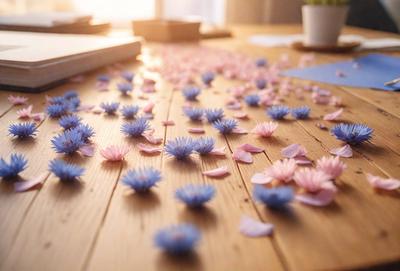 The primary subject of the image is a wooden table with a pink and blue flower petal decoration on it. The setting is a room with a dining table, and the visual style is a photo. The dominant colors in the image are pink and blue, creating a warm and inviting atmosphere.