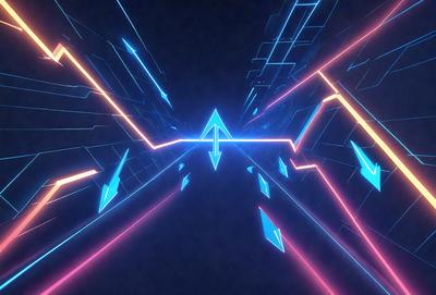 The primary subject of the image is a blue arrow pointing upwards. The arrow is located in the center of the image, and it appears to be the main focus. The setting is a dark background, which contrasts with the bright blue arrow. The visual style of the image is digital art, as it is a computer-generated image. The colors and mood of the image are predominantly blue, creating a sense of depth and calmness.