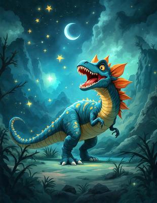 Primary subject: Dinosaur
Setting/background: A dark, moonlit night with a starry sky
Visual style: Digital art
Colors and mood: Dark, moody, and mysterious