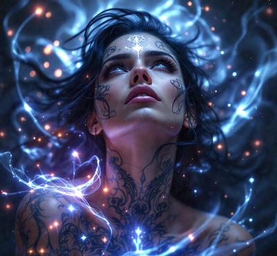 The primary subject of the image is a woman with tattoos and a piercing. She is looking upward, possibly at the camera or the sky. The setting is a dark room with a blue background, which adds to the mood of the image. The visual style is a combination of a photo and digital art, creating a unique and artistic representation of the woman. The colors and mood of the image are predominantly dark and mysterious, with the blue background and the woman's piercing adding a touch of intr