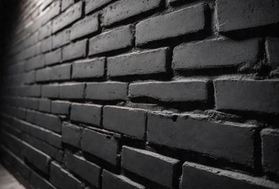 The primary subject of the image is a brick wall. The setting is a dark room, and the visual style is a black and white photo. The dominant colors are black and white, creating a moody atmosphere.