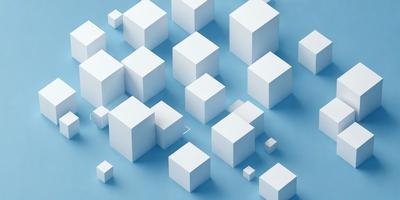 The primary subject of the image is a blue background with a pattern of white cubes. The setting is a blue surface, and the visual style is digital art. The dominant colors are blue and white, creating a calm and serene atmosphere.