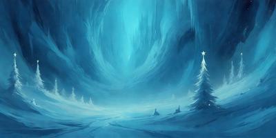 The primary subject of the image is a Christmas tree, which is set against a backdrop of a snowy mountain. The visual style of the image is digital art, and the colors and mood are predominantly blue and cold, creating a wintry atmosphere.