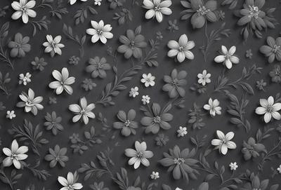 The primary subject of the image is a pattern of white and gray flowers. The setting is a black background, which contrasts with the white and gray flowers. The visual style is a combination of digital art and illustration, creating a unique and artistic appearance. The dominant colors are white and gray, giving the image a clean and elegant feel.