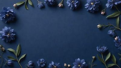 The primary subject of the image is a blue background with a row of blue flowers. The setting is a dark blue wall, and the visual style is a close-up of the flowers. The dominant colors are blue, and the overall atmosphere is calm and serene.