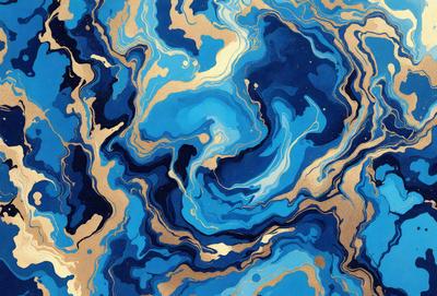 The primary subject of the image is a blue and gold swirling pattern, which appears to be a painting or a digital artwork. The setting is a blue and gold background, which complements the swirling pattern. The visual style is a mix of digital art and painting, creating a unique and eye-catching design. The colors and mood of the image are predominantly blue and gold, giving it a warm and vibrant atmosphere.