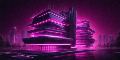 The primary subject of the image is a large, futuristic building with a purple glow. The building is made up of multiple levels and has a unique, modern design. The setting is a dark, pink-lit environment, which adds to the overall atmosphere of the scene. The visual style of the image is a combination of digital art and illustration, creating a striking and captivating image. The colors and mood of the image are predominantly purple, which gives the scene a sense of mystery and intrigue