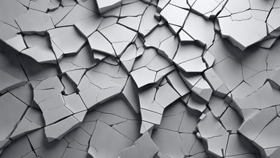 The primary subject of the image is a close-up of a concrete wall with a lot of cracks and holes in it. The setting is a concrete surface, and the visual style is a black and white photo. The colors and mood of the image are dark and moody, with the cracks and holes in the concrete creating a sense of decay and disrepair.
