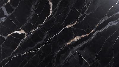 The primary subject of the image is a marble countertop with a black and white pattern. The setting is a kitchen, and the visual style is a close-up of the countertop. The dominant colors are black and white, creating a classic and elegant atmosphere.