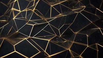 The primary subject of the image is a close-up of a patterned surface, which appears to be a black background with gold and yellow geometric shapes. The setting is a dark room, and the visual style is a combination of digital art and illustration. The dominant colors are gold, yellow, and black, creating a warm and vibrant atmosphere.