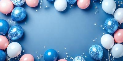The primary subject of the image is a collection of balloons, predominantly blue and pink, arranged on a blue surface. The balloons are scattered across the surface, creating a visually appealing and festive scene. The setting appears to be a celebration or gathering, with the balloons serving as decorations or party favors. The visual style of the image is a combination of photo and digital art, creating a vibrant and lively atmosphere. The colors and mood of the image are pre