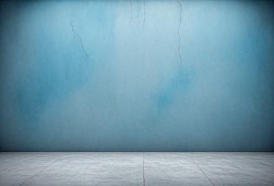 The primary subject of the image is a blue wall with a crack in it. The setting is a room with a concrete floor. The visual style is a photo, and the dominant colors are blue and grey. The overall atmosphere is calm and minimalistic.