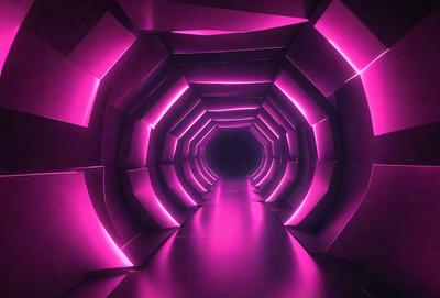 The primary subject of the image is a long, narrow, pink tunnel. The setting is a dark room with a pink light illuminating the tunnel. The visual style is a digital art, with the tunnel appearing as a bright pink light in the darkness. The colors and mood of the image are predominantly pink, creating a warm and inviting atmosphere.