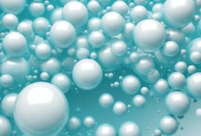 The primary subject of the image is a large group of white bubbles floating in a blue liquid. The setting appears to be a swimming pool or a similar body of water. The visual style of the image is a close-up of the bubbles, showcasing their texture and details. The dominant colors in the image are blue and white, creating a serene and calming atmosphere.