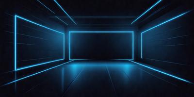 The primary subject of the image is a large, dark room with a blue glow. The setting is a black and blue room with a blue glow, creating a unique and futuristic atmosphere. The visual style is a combination of a photo and digital art, giving the image a surreal and artistic appearance. The dominant colors are blue and black, with the blue glow adding a sense of depth and intrigue to the scene.