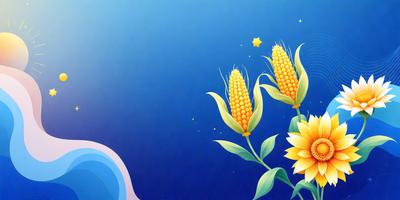 The primary subject of the image is a cornflower, which is a yellow and green plant with a star-shaped pattern. The setting is a blue background, which creates a contrasting and visually appealing environment. The visual style of the image is a combination of digital art and illustration, giving it a vibrant and colorful appearance. The dominant colors in the image are yellow and green, which evoke a sense of warmth and freshness.