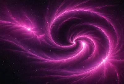 The primary subject of the image is a purple spiral pattern, which is the main object, scene, or focus of the image. The setting or background of the image is a dark, starry sky, which adds to the overall atmosphere. The visual style of the image is a combination of digital art and illustration, creating a unique and eye-catching design. The dominant colors in the image are purple and pink, giving the spiral pattern a vibrant and lively appearance.