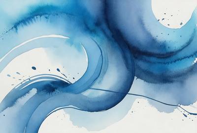 The primary subject of the image is a blue and white watercolor painting of a wave. The setting is a white background, and the visual style is a watercolor painting. The dominant colors are blue and white, creating a serene and calming atmosphere.