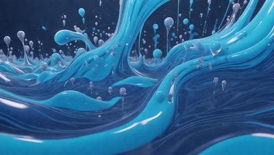 The primary subject of the image is a blue ocean with waves. The setting is a blue ocean with a few bubbles floating on the surface. The visual style is a digital art or illustration, creating a vibrant and dynamic scene. The dominant colors are blue and white, giving the image a calming and serene atmosphere.