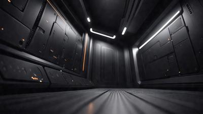 The primary subject of the image is a futuristic room with a black and orange color scheme. The room features a large door with a light shining through it, creating a sense of depth and intrigue. The setting is a dark room with a black floor, which contrasts with the orange lighting. The visual style of the image is a combination of digital art and illustration, creating a unique and captivating atmosphere. The colors and mood of the image are dark and mysterious, with the orange lighting adding a touch