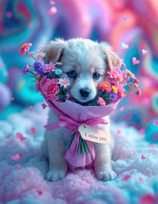 The primary subject of the image is a small puppy dog wearing a pink flower bouquet on its head. The setting is a pink and purple background, which adds a playful and whimsical touch to the scene. The visual style is a combination of photo and digital art, creating a unique and charming appearance. The colors and mood of the image are predominantly pink and purple, giving it a warm and cheerful atmosphere.