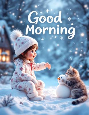 The image features a little girl sitting in the snow, wearing a white coat and a hat. She is smiling and appears to be enjoying the winter scene. A snowman is present in the background, adding to the festive atmosphere. The little girl is reaching out to the snowman, creating a sense of connection and playfulness. The overall mood of the image is warm and joyful, capturing the essence of a good morning.