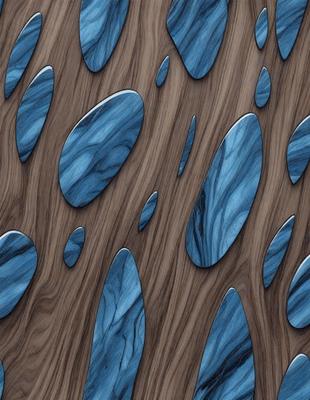 The primary subject of the image is a wooden wall with a blue and white pattern. The setting is a room with a wooden surface, and the visual style appears to be a combination of digital art and illustration. The dominant colors are blue and white, creating a calm and soothing atmosphere.