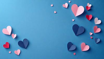 The primary subject of the image is a collection of hearts, which are scattered across a blue background. The hearts come in various sizes and are arranged in a visually appealing manner. The setting appears to be a wall or a surface where the hearts are placed. The visual style of the image is a combination of digital art and illustration, creating a vibrant and lively atmosphere. The dominant colors in the image are blue and pink, which are associated with love and affection.