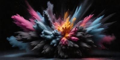 The primary subject of the image is a colorful, abstract art piece that appears to be a painting or a digital artwork. The setting is a dark background, which contrasts with the vibrant colors of the artwork. The visual style is a mix of photo and digital art, creating a unique and eye-catching piece. The dominant colors are pink, blue, and yellow, giving the artwork a lively and energetic atmosphere.