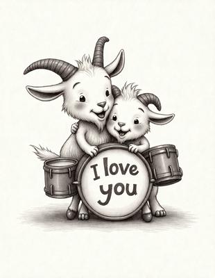 The primary subject of the image is a cartoon drawing of two goats, one on top of the other, with a drum between them. The setting is a white background, and the visual style is a cartoon illustration. The colors are predominantly black and white, giving the image a classic and timeless appearance. The overall mood of the image is light-hearted and playful, as it features two goats holding a drum, which is a humorous and whimsical scene.