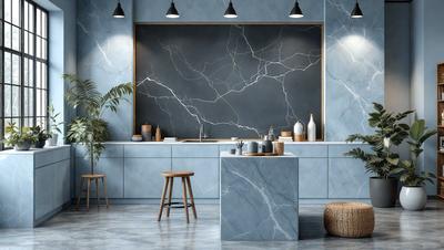 The primary subject of the image is a kitchen with a marble countertop. The setting includes a sink, a stove, and a chalkboard on the wall. The visual style is a photo, and the colors and mood are predominantly blue and white, creating a clean and modern atmosphere.